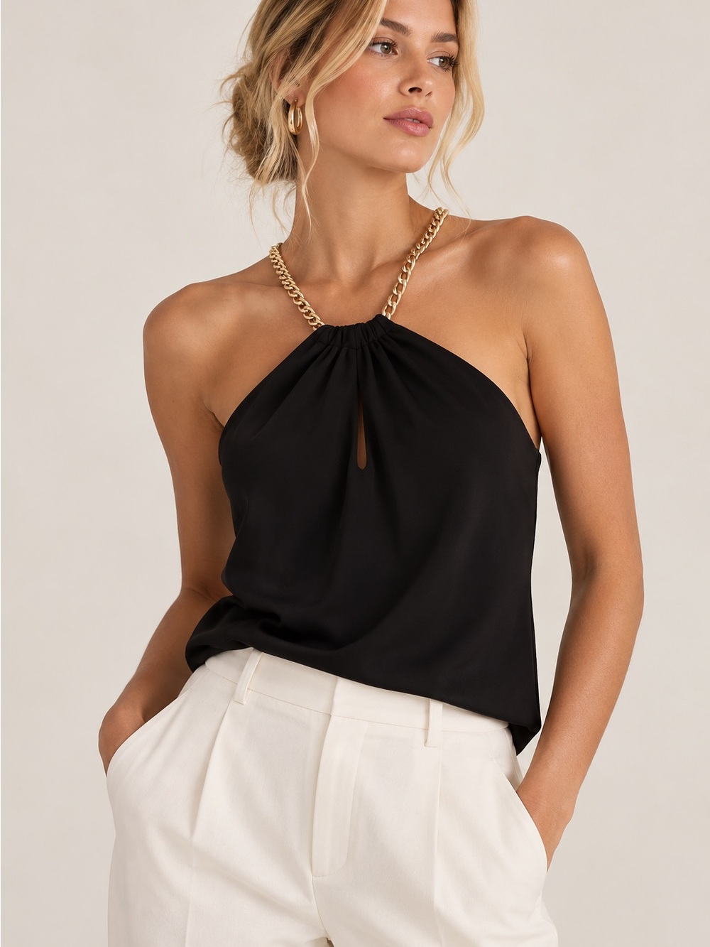 Amanda Uprichard Wanda Quietluxury Women’s Black Halter Tank with Chain Strap